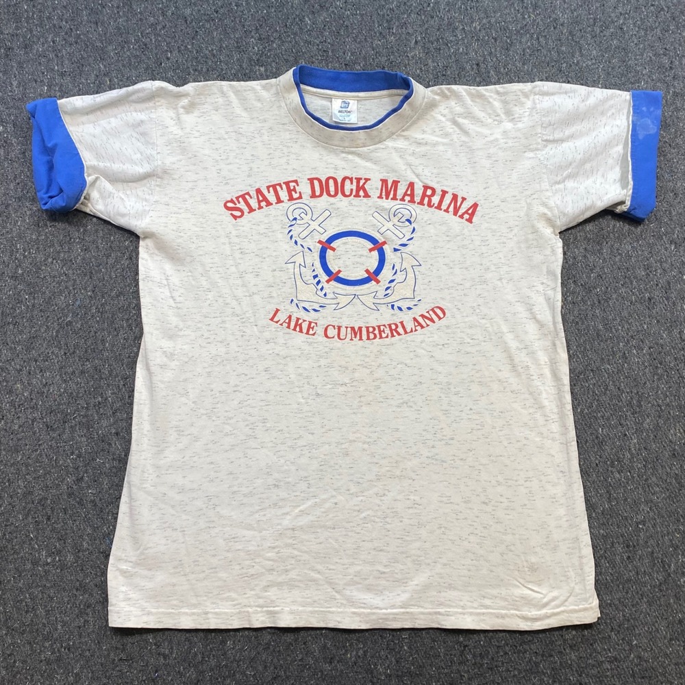 Belton State Dock Marina Shirt Sz L Men Gray Nautical Lake Cumberland Ringer Tee